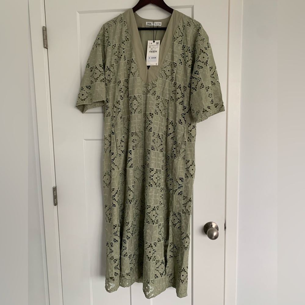 New Zara Maxi Patchwork Lace Green Sleeve Dress Size Small